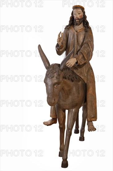 Palmesel, wooden figure from 1470, on a white background, Franciscan Museum, Villingen, Baden-Württemberg, Germany, Europe