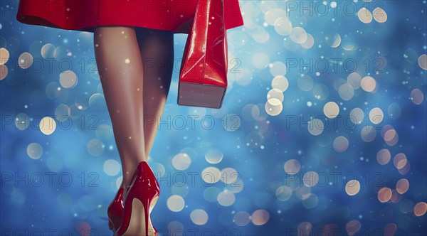 Attractive woman in red shoes holding a red bag. Concept of luxury lifestyle and expensive shopping, AI generated