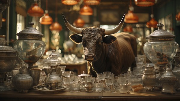 Very large bull with horns in a China shop filled with glassware. generative AI, AI generated