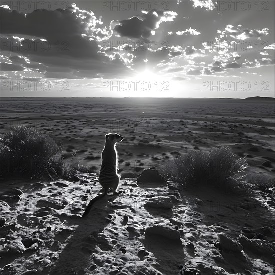 Meerkat silhouetted against the setting sun standing atop a termite mound in the kalahar desert, AI generated