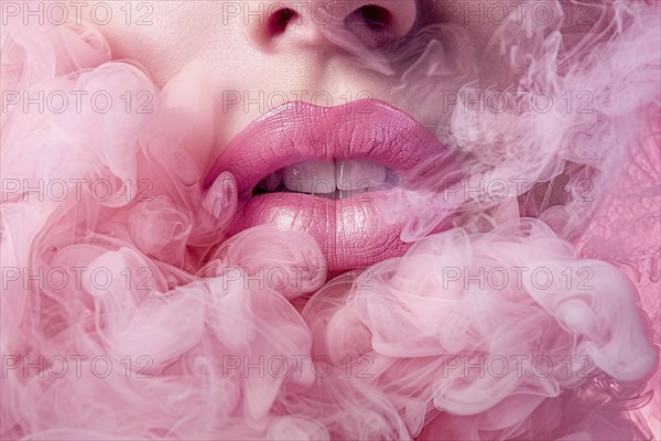 Close up of woman's lips surrounded by pink smoke. KI generiert, generiert, AI generated