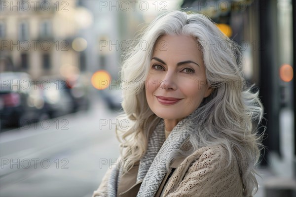 Beautiful elderly woman in her 50s or 60s with youthful appearance with gray hair with blurry stret background. KI generiert, generiert, AI generated