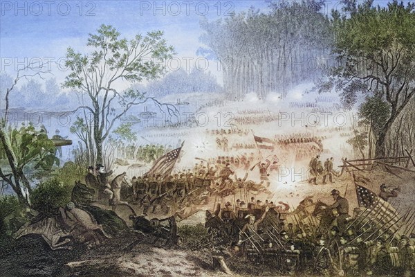 The Battle of Pittsburg Landing, also known as the Battle of Shiloh, Tennessee 1862, USA, Historical, digitally restored reproduction from a 19th century original, Record date not stated, North America