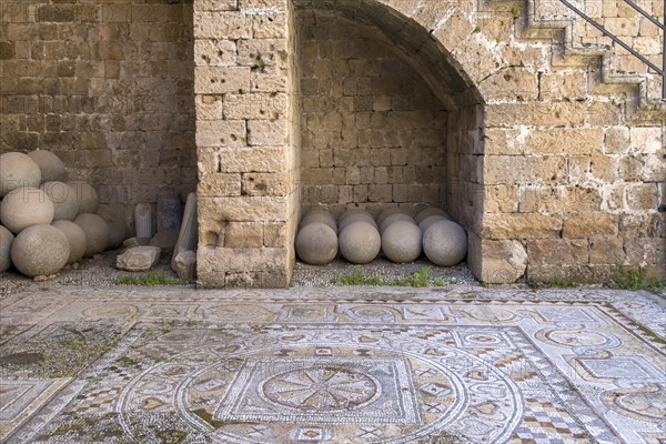 Floor mosaic and historical cannonballs, Archaeological Museum, former hospital of the Order of St John, 15th century, Old Town, Rhodes Town, Greece, Europe