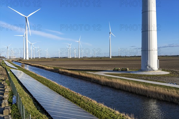 Solar park on the Slaperdijk dyke near the Eemshaven, test project, 17, 000 solar modules were installed over a good 5 kilometres, the Netherlands has over 22, 000 kilometres of dyke line, here it is being tested whether such an installation is successful and can be expanded, wind farm, Groningen, Netherlands