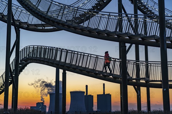 Landmark Angerpark Tiger & Turtle, Magic Mountain, walk-in sculpture in the form of a rollercoaster on the Heinrich-Hildebrand-Höhe spoil tip, HKM steelworks, sunset, Duisburg, North Rhine-Westphalia, Germany, Europe