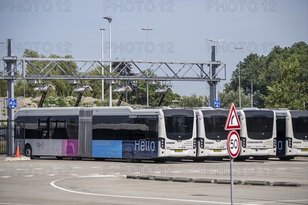 Fast charging station for electric buses at Amsterdam Schiphol Airport, the entire fleet of passenger transport buses is electric, over 200 vehicles, during breaks the buses are recharged via a roof-mounted pantograph, vehicles of the transport company Connexxion, Netherlands