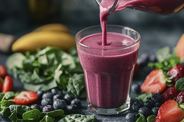 Close up of pink healthy smoothie drink being pured into a glass. Generative Ai, AI generated