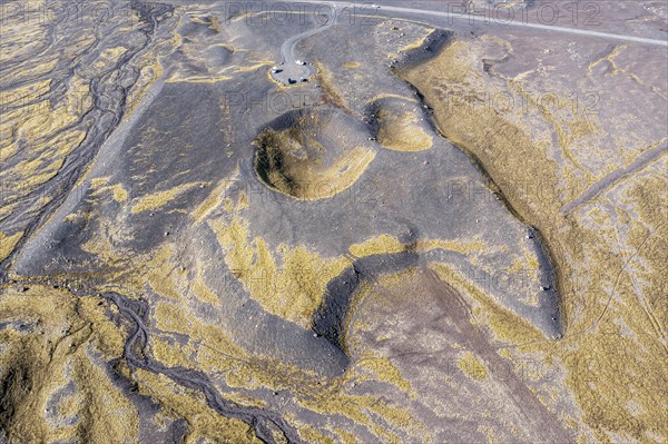 The Haalda depression, two holes formed by sand-covered, slowly melting icebergs, floodplain of the glacier Öræfajökull, east of Skaftafell, viewpoint, aerial view, Iceland, Europe