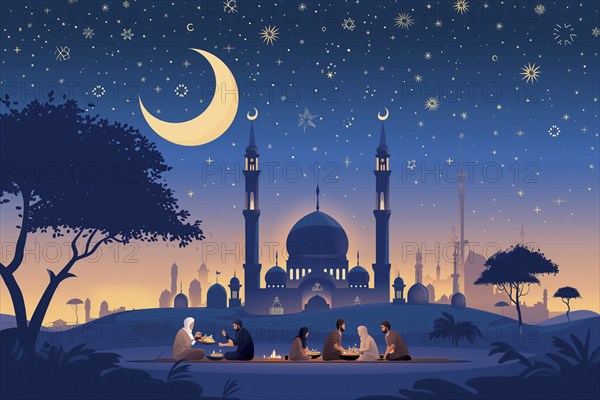 Essence of Ramadan, featuring people gathered and eating near a mosque under a starry night sky, illuminated by the crescent moon, AI generated