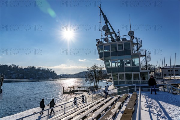 Winter in the Ruhr area, Lake Baldeney, snow-covered, partly frozen lake, regatta tower, grandstand area, Essen, North Rhine-Westphalia, Germany, Europe