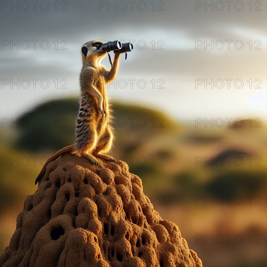 A meerkat peers with binoculars from a termite mound into the African savannah, AI generated, AI generated