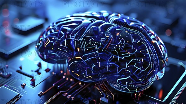 Human brain intricately interlinked with the circuits of a computer board symbolizing artificial intelligence, AI generated