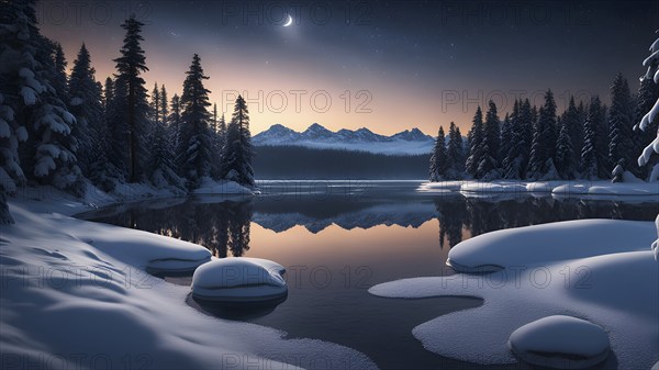 Tranquil winter night scene with a crescent moon and stars shining brightly over a frozen lake, with a line of snow-covered pine trees reflected in the lake, AI generated