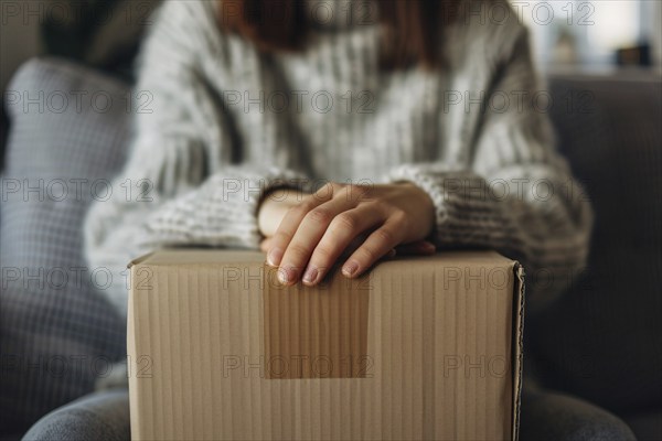 Woman's hands with closed cardboard box. Concept for shipping goods or moving house. KI generiert, generiert AI generated