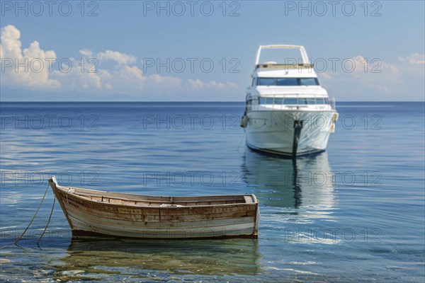 Concept for economic and social inequality showing small poor wooden fishing boat and luxury yacht in background. Generative Ai, AI generated