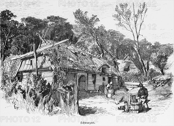 Production of wooden barrels, farm in Juodkrante, Šatnurta, Šatnurte or Schwarzort, Curonian Spit, Curonian Lagoon, Lithuania, idyll, thatched houses, dormer, village, rural, well, work, forest, historical illustration 1880, Europe