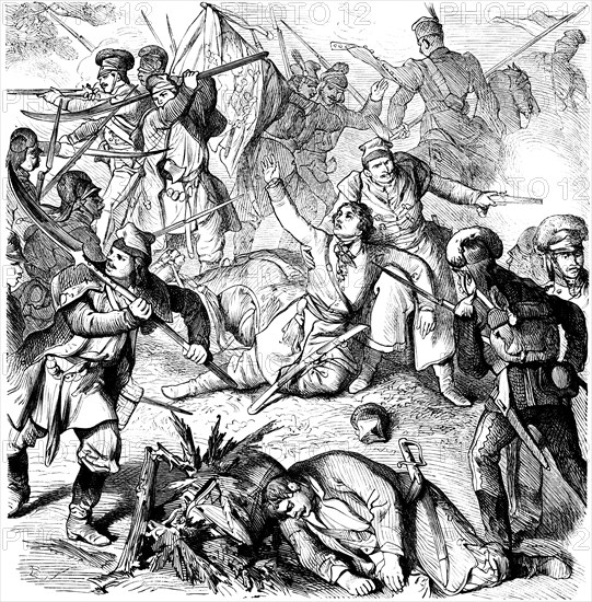 The Polish general Tadeusz Kosciuszko falls in the battle for the division of Poland, Polish national hero, Poland's defeat against Russia and Prussia, famous statement Finis Poloniae, end of 18th century, war, weapons, soldiers, peasants, swords, guns, dead, injured, cruelty, historical illustration 1882