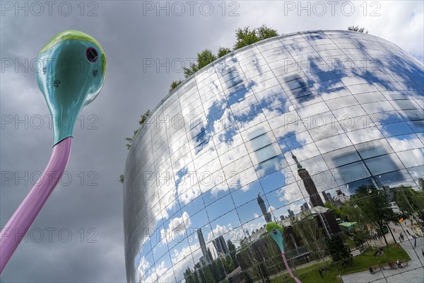 The Boijmans Van Beuningen depot in Rotterdam, show depot of the Boijmans Van Beuningen art museum, over 15, 000 exhibits that are not on display in the museum are presented here, exterior façade with 1664 curved reflective glass panes, birch forest on the roof, Netherlands