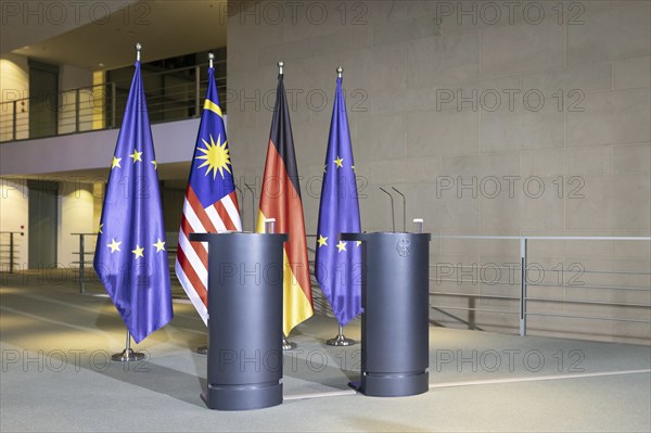 Lecterns and flags taken during a press conference between Federal Chancellor Olaf Scholz and Anwar Ibrahim, Prime Minister of Malaysia at the Federal Chancellery in Berlin, 11 March 2024