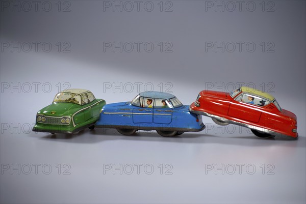 Road traffic, automobile, rear-end collision, depicted with tin model cars, Hamburg, Hamburg, Federal Republic of Germany