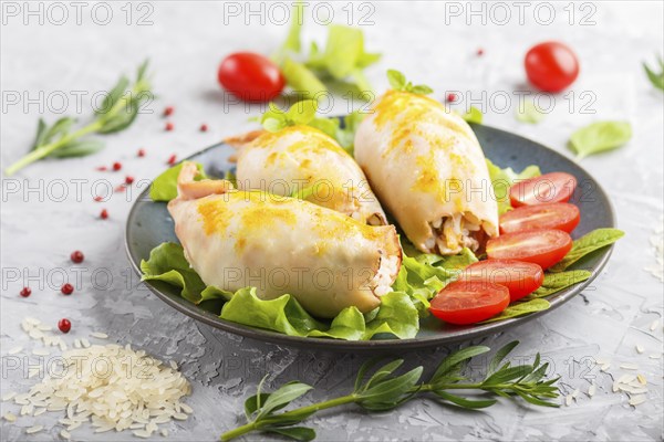 Stuffed baked squid with greens on a blue ceramic plate on a gray concrete background, side view, close up