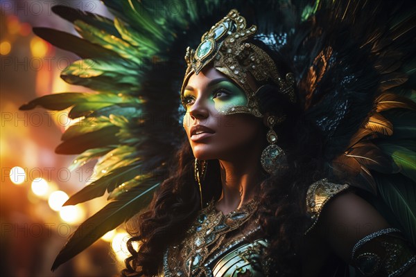 Captivating image capturing the essence of the Rio Carnival, showcasing a dancer adorned in an elaborate, vibrant costume, embodying the spirit and energy of this iconic festival, AI generated