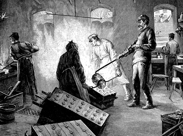 Metalworking, Men casting bronze, Illustration from 1880, Germany, Historical, digital reproduction of an original from the 19th century, Europe