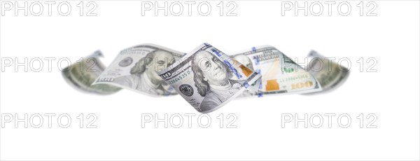 Set of hundred dollar bills floating horizontal row isolated on white