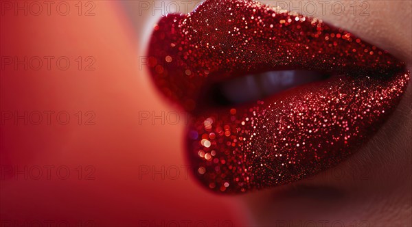 A woman's lips are covered in red glitter. Concept of glamour and sophistication, luscious lips, AI generated