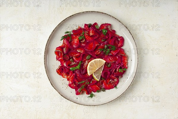 Salmon gravlax with beetroot, Scandinavian snack, beet gravlax, lightly salted fish, homemade, no people