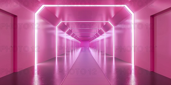 Futuristic long pink hallway with lights. Generative Ai, AI generated