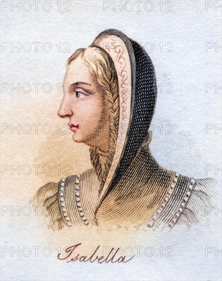 Isabella I. Nickname Isabella the Catholic Spanish Isabel la Catolica 1451- 1504 Queen of Castile 1474-1504 and of Aragon 1479-1504 from the book Crabbs Historical Dictionary from 1825, Historical, digitally restored reproduction from an original from the 19th century, Record date not stated