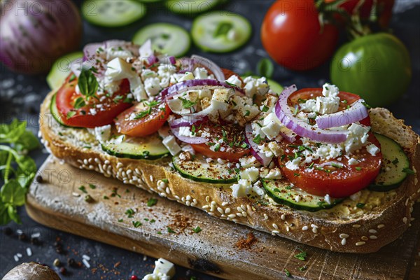 Bread bun with cucumber, red onions, tomatoes and feta cheese on wooden cutting board. Generative Ai, AI generated