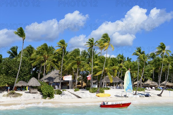 A sunny tropical beach with palm trees, boats and huts under a blue sky, catamaran, Dominicus beach, Bayahibe, Dominican Republic, Hispaniola, Caribbean, America, Central America