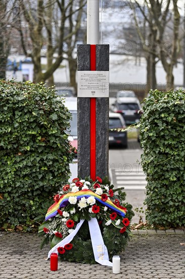 Flowers, commemoration, memorial plaque to the Jews persecuted and excluded from the club from 1932 onwards, club grounds, VfB Stuttgart, Baden-Württemberg, Germany, Europe