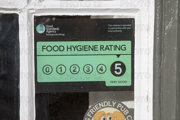 Food Standards Agency hygiene rating sign notice awarding five stars, Suffolk, England, Uk