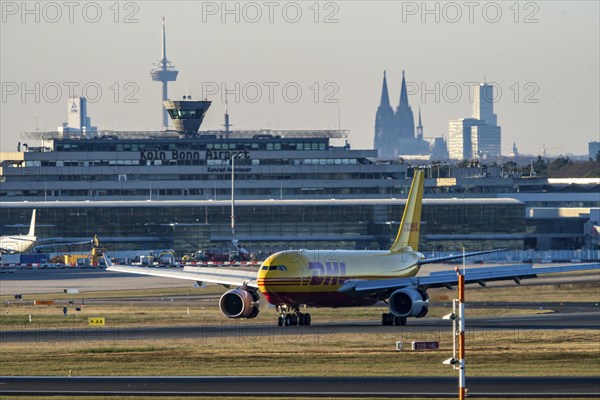 DHL Airbus A330-243F, cargo aircraft landing at Cologne-Bonn Airport, North Rhine-Westphalia, Germany, Europe