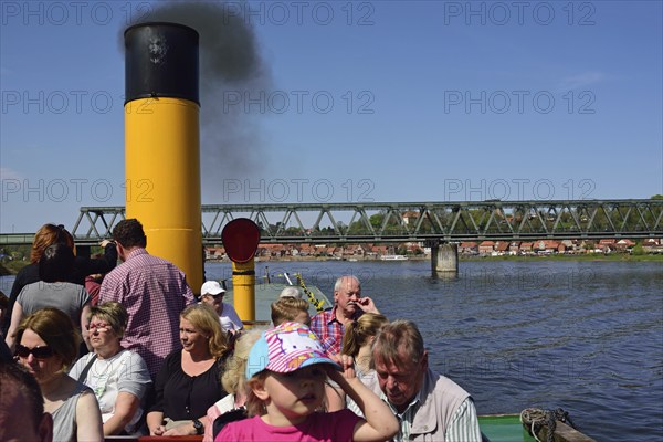 Europe, Germany, Schleswig-Holstein, Hamburg Metropolitan Region, Lauenburg, Elbe, View from the paddle steamer Kaiser Wilhelm of the Elbe river promenade and Elbe bridge, Hamburg, Hamburg, Federal Republic of Germany, Europe