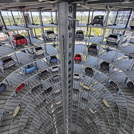 New cars for delivery in the Autoturm, interior view from top to bottom, Autostadt, Volkswagen AG, Wolfsburg, Lower Saxony, Germany, Europe