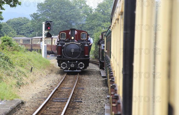 Steam train on the Ffestiniog railway, Gwynedd, north west Wales, UK