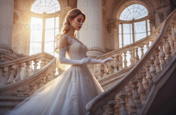 Happy young elegant bride in luxury dress and luxury setting waiting for wedding ceremony to begin, AI generated