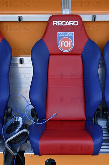 Recaro seats on coach's bench, bench, logo, LAN cable, network cable for laptop or tablet, digital, 1. FC Heidenheim 1846 FCH, Voith-Arena, Heidenheim, Baden-Württemberg, Germany, Europe