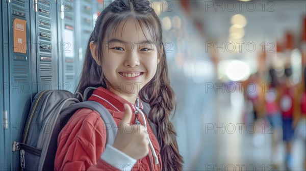 Cute asian school girl giving a thumbs up in the hallway of her school. generative AI, AI generated