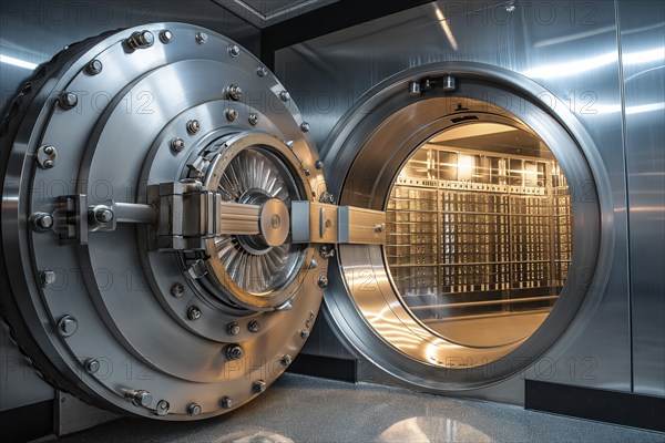 Open bank vault door, revealing a room filled with safety deposit boxes in safe depositary. The metallic and sturdy design of the door highlights security and protection, AI generated