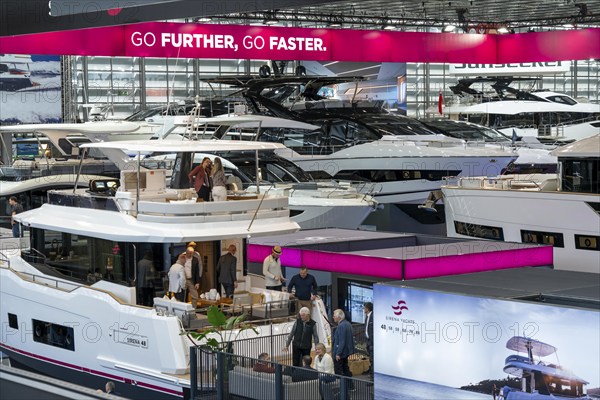 Large yachts, luxury yachts, in Hall 6 of BOOT 2024, the world's largest yacht and water sports trade fair in Düsseldorf, North Rhine-Westphalia, Germany, Europe