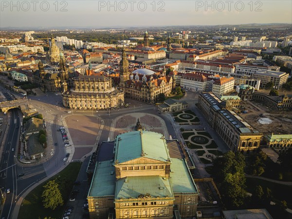 Aerial view of the historic old town with Semper Opera House, Court Church and Royal Palace on Theatre Square, Dresden, Saxony, Germany, Europe