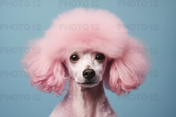 Poodle dog with pink dyed fur in front of blue studio background. KI generiert, generiert, AI generated