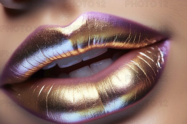 Close up of woman's lips with unusual metallic lipstick. KI generiert, generiert AI generated