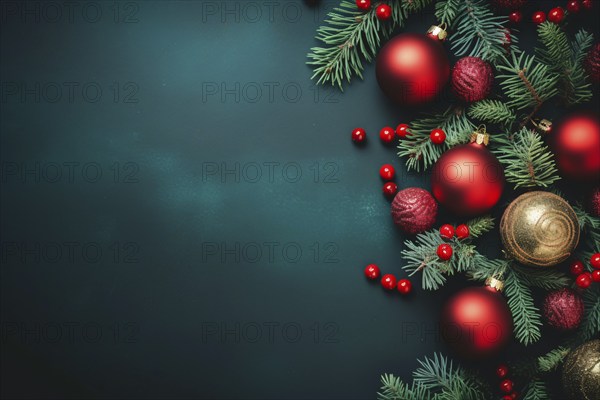 Flatlay with red Christmas tree baubles, berries and tree branches with copy space. KI generiert, generiert AI generated